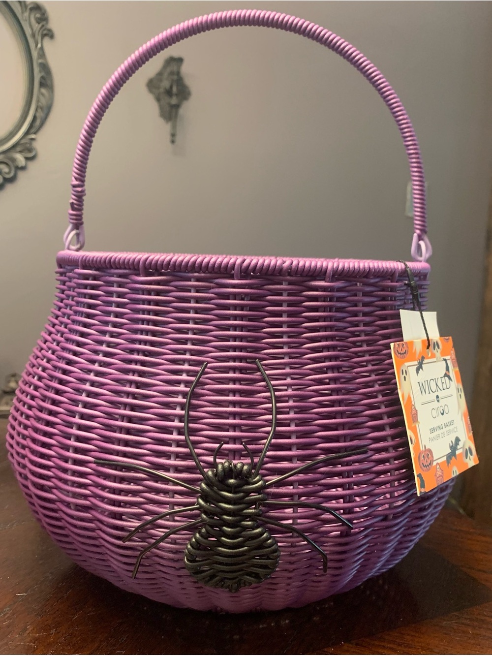 Purple Wicker Halloween Basket with Black Spider Accent